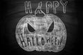 Hand Drawn Jack O Lantern Chalk Illustration on Blackboard. Happy Halloween Lettering Text. Greeting Card