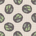 Hand drawn japanese bonsai tree symbol seamless pattern. Soft ecru beige neutral tone. Grid background. Asian animal yin yang icon