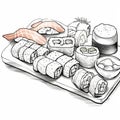 Hand-drawn Japanese Sushi Tray: Editorial Illustration In New Yorker Style