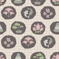 Hand drawn japanese symbol seamless pattern. Koi carp, bonsai, cherry blossom, lotus flower in soft ecru pink neutral tone. Asian Royalty Free Stock Photo