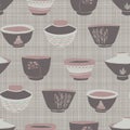 Hand drawn japanese tea bowl seamless pattern. Set of drink bowls in soft ecru off white neutral tone. All over grey linen print.