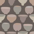 Hand drawn japanese tea bowl seamless pattern. Set of drink bowls in soft ecru off white neutral tone. All over grey linen print.