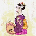 Hand drawn japanese woman with umbrella Royalty Free Stock Photo