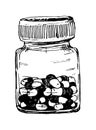 Hand Drawn jar of pills. Sketch style. Decoration element. Isolated on white background. Vector illustration