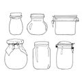 Hand drawn jar set. Contour sketch. Kitchen objects doodle style. Vector illustration isolated on white background. Alchemy and Royalty Free Stock Photo