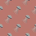 Hand drawn jellyfish silhouettes seamless doodle pattern. Grey sea elements on pale maroon background