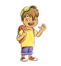 Hand drawn joyful good cartoon young boy waving hand isolated on the white background.