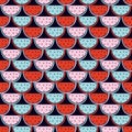 Hand drawn juicy ripe watermelon seamless pattern. Summer fresh fruit on black background. Red, pink and blue watermelon slices.