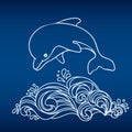 Hand drawn jumping dolphin and wave on deep blue background