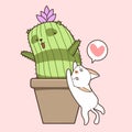 Hand drawn kawaii cat and cactus panda