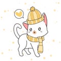 Hand drawn kawaii cat is wearing a hat and scarf Royalty Free Stock Photo