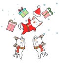 Hand drawn kawaii Santa cat character is throwed up