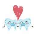 Hand drawn kawaii tooth couple in braces. Flat cartoon vector illustration of teeth character in love, dental care