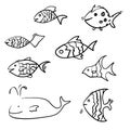 Hand drawn kid doodle fish collection vector Royalty Free Stock Photo