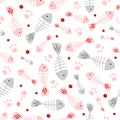 Hand drawn kid seamless pattern. Pastel pink and gray cute fish and cat paws footprints abstract texture background. Vector