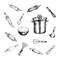 Hand Drawn kitchen accessories doodles set. Sketch style icons. Royalty Free Stock Photo