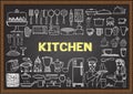 Hand drawn kitchen equipment on chalkboard. Doodles or elements for restaurant design.