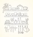 Hand-drawn kitchen shelves vector illustration