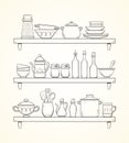 Hand-drawn kitchen supplies on shelves