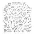 Hand Drawn Kitchen Tools Set. Kitchenware Vector Illustration.