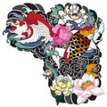Beautiful, colorful Koi carp with water splash, lotus and peony flower. Traditional Japanese tattoo design.