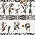 Hand drawn Kokopelli seamless pattern. Stylized mythical characters playing flutes.