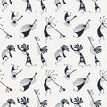 Hand drawn Kokopelli seamless pattern. Stylized mythical characters playing flutes.