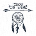 Hand drawn label with dream catcher vector illustration and lettering. Royalty Free Stock Photo