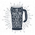 Hand drawn label with textured thermo cup vector illustration and lettering.