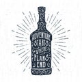 Hand drawn label with textured whiskey bottle vector illustration and lettering.