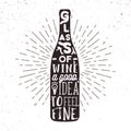 Hand drawn label with wine bottle, sunburst and lettering.