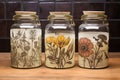 hand-drawn labels on glass jars with dried herbal remedies