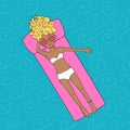 Hand drawn lady lying on mattress in sea