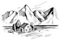 Landscape with house and mountains. Sketch illustration