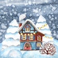 Hand drawn landscape with house and snow pine forest. Cozy wood log cabin illustration for Christmas and New Year cards. Winter Royalty Free Stock Photo