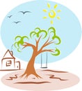 Hand drawn Landscape with House, Sun and Trees. Vector graphic.