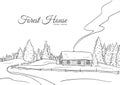 Hand drawn landscape with road to house and pine forest. Sketch line design