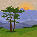 Hand drawn landscape with sunrise, tree, mountain. African nature.