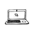 Hand drawn laptop doodle icon. Hand drawn black sketch. Sign symbol. Decoration element. White background. Isolated. Flat design. Royalty Free Stock Photo