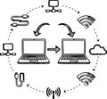 hand drawn laptop network and data transfer cycle with cloud and wi-fi icons Royalty Free Stock Photo