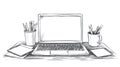Sketch of a Laptop on a Desk with Pencils, Notebooks, and Pen Holder Royalty Free Stock Photo