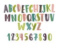 Hand drawn latin font or childish english alphabet decorated with daub or scribble. Bright colored letters arranged in Royalty Free Stock Photo