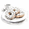 Hand Drawn Latte Coffee And Glazed Donuts On Plate With Ear
