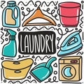 hand drawn laundry equipment doodle set