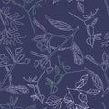 Hand drawn lavander and green branches and flowers on navy background seameless repeat.