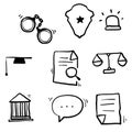 Hand drawn Law and justice line icons set vector illustration. Contains such icon as arrest, authority, courthouse, gavel, legal,