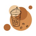 Hand drawn layout of logo with iced coffee takeaway cup. In doodle style, black outline on round caramel color background. Cute Royalty Free Stock Photo
