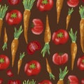 Hand drawn legumes, carrots and tomatoes pattern on a dark brown background, seamless pattern, summer