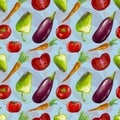 Hand drawn legumes on a light blue background, carrot, tomato, peppers, eggplant, seamless pattern