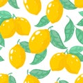 Hand drawn lemon pattern. Lemon tropical fruit seamless print, yellow floral summer texture. Vector citrus background